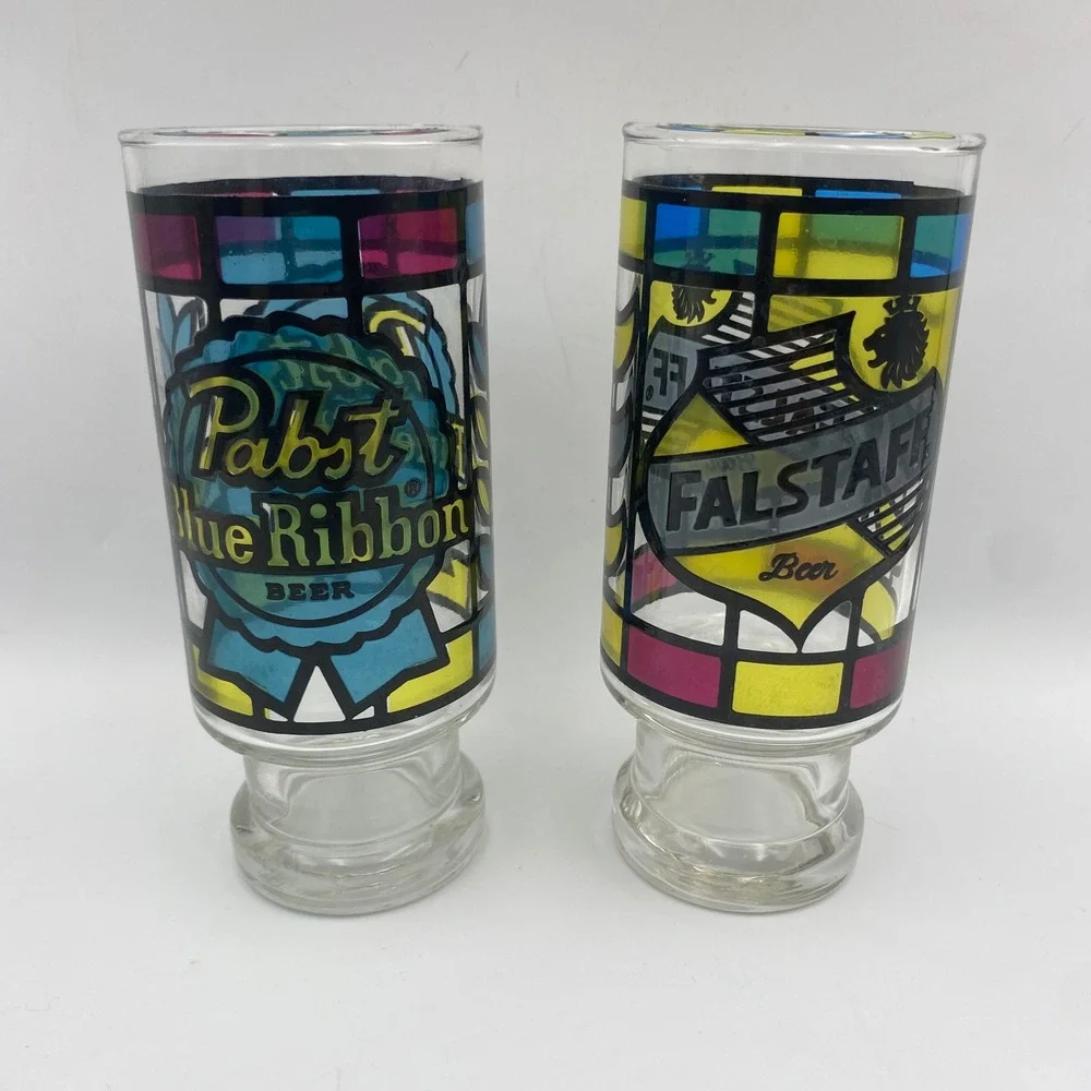 Vintage Stained Glass Beer Glasses Set of 6 PBR Miller Schlitz Falstaff Schaefer